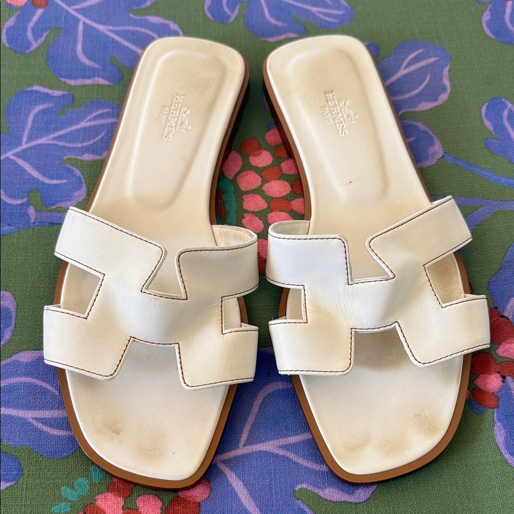 Hermes Cream Leather Slide Sandals
